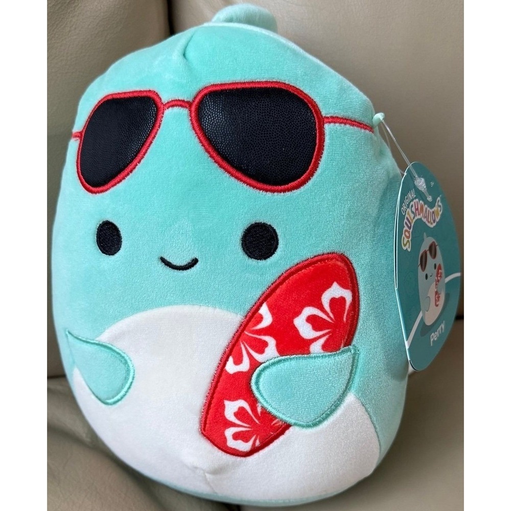 Squishmallows 7.5" Perry the Teal Dolphin with Sunglasses and Red Surfboard